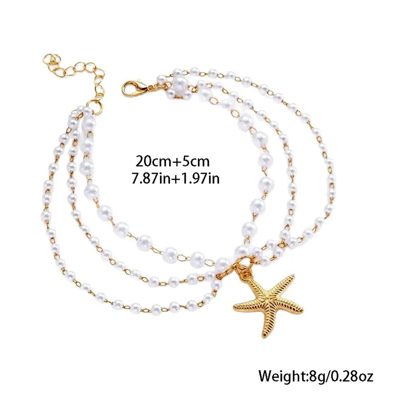 Multilayer Starfish Pearl Anklets for Women & Men Beach Boho Foot Jewelry