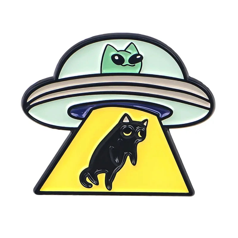 UFO Alien Enamel Pin for Backpack & Clothing Accessories - Black Cat Badge