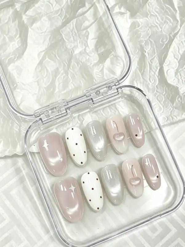 Full-Cover Nail Tips Set - Almond-Shaped, Pink & White Cherry Dots, 10 Piece