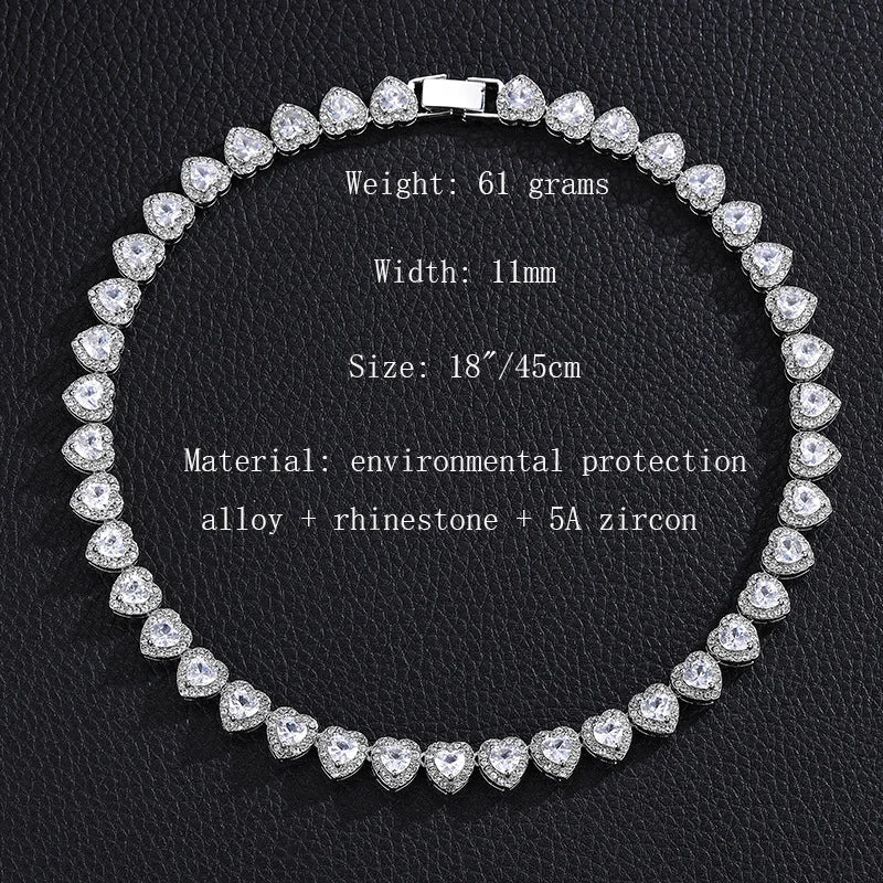 Luxury Heart Rhinestone Tennis Chain Bracelet Necklace for Women Men Jewelry Gift
