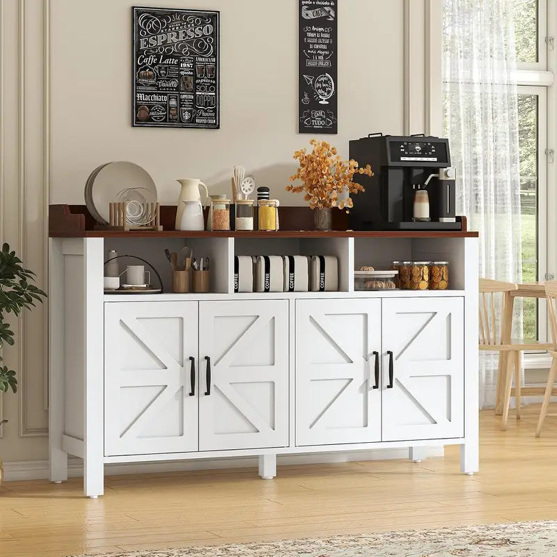 Farmhouse Style Buffet Cabinet with 4 Doors and 3 Open Shelves - Customizable Colors
