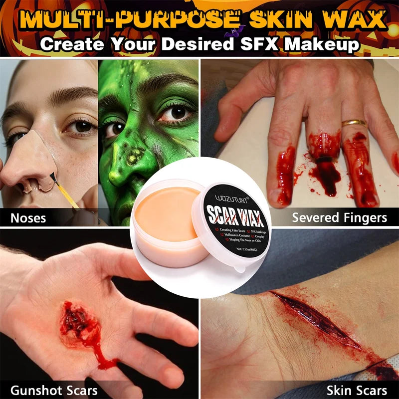Halloween Makeup Kit with Scar Wax, Spirit Gum, Prosthetic, and Remover - Cosplay & Party