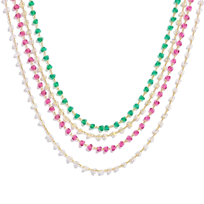 Elegant Sparkling Crystal Necklace with Multi-Length Chain - Gold Plated Stainless Steel Jewelry for Women
