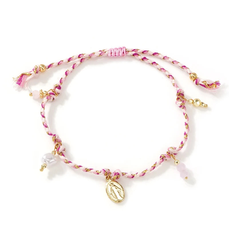 Multicolor Braided Rope Bracelet with Virgin Mary Pearl Charm Adjustable Women’s Jewelry