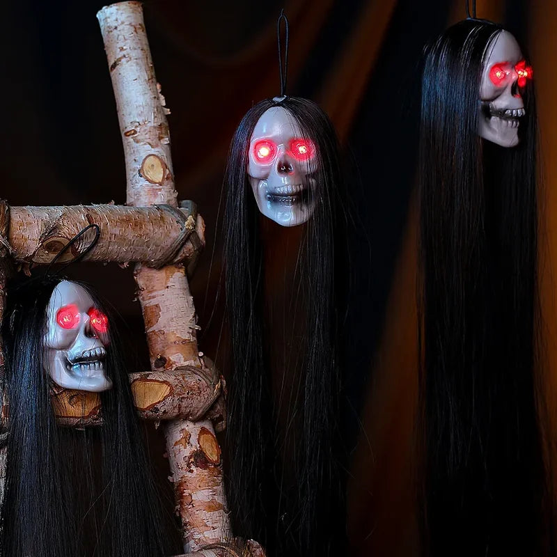Halloween Hanging Ghost Skull with Glowing Eyes & Long Hair - Terror Skeleton Prop for Haunted House Decor
