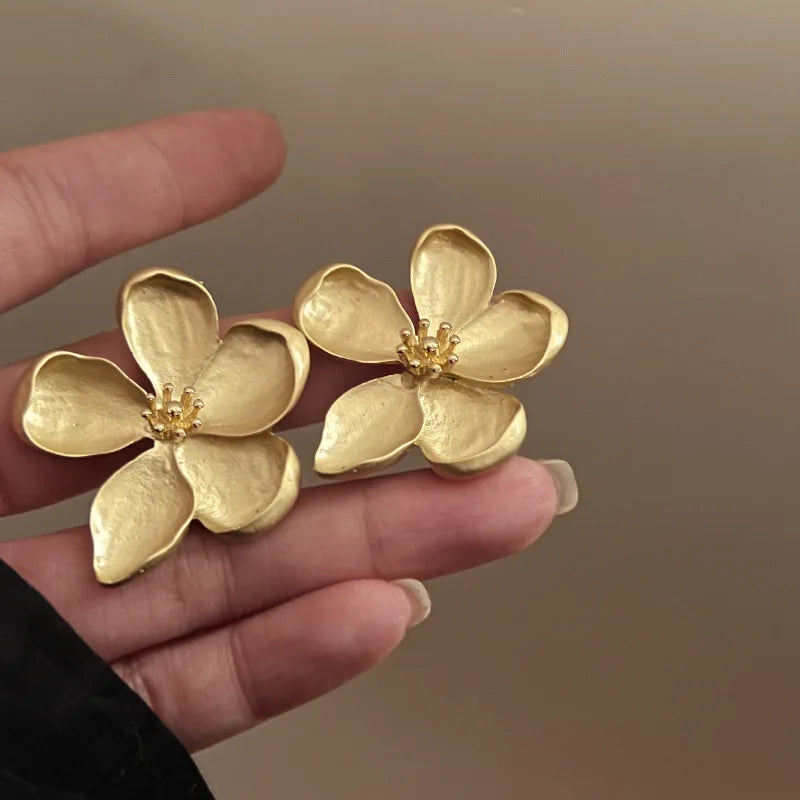 Gold Matte Texture Metal Flower Earrings for Women Girls Party Jewelry Gift