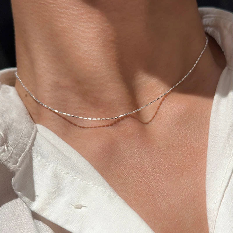 Sterling Silver Geometric Bead Necklace for Women - Delicate Collarbone Chain