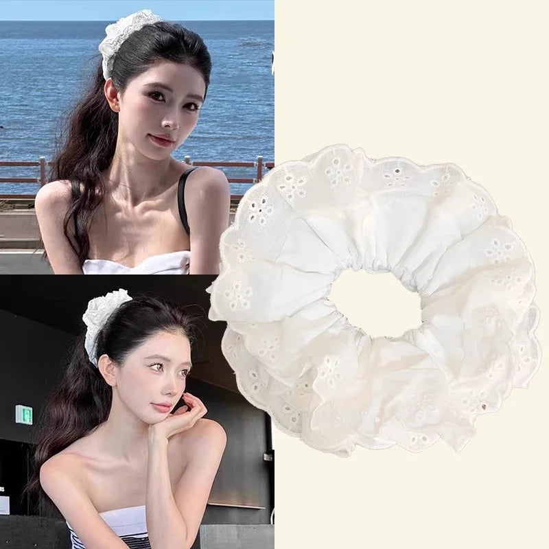 French Lace Wide Hair Scrunchie Band for Women Girls - Elegant Hair Accessory