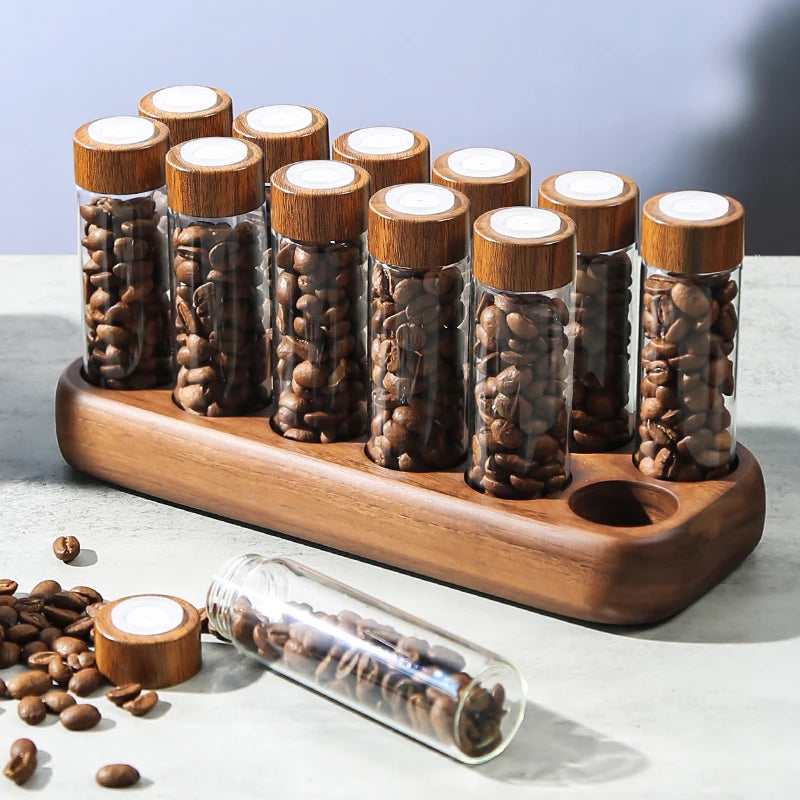 Coffee Bean Storage Containers Glass Tube Set with Wooden Stand - Sealing, Airtight, 12 Pcs
