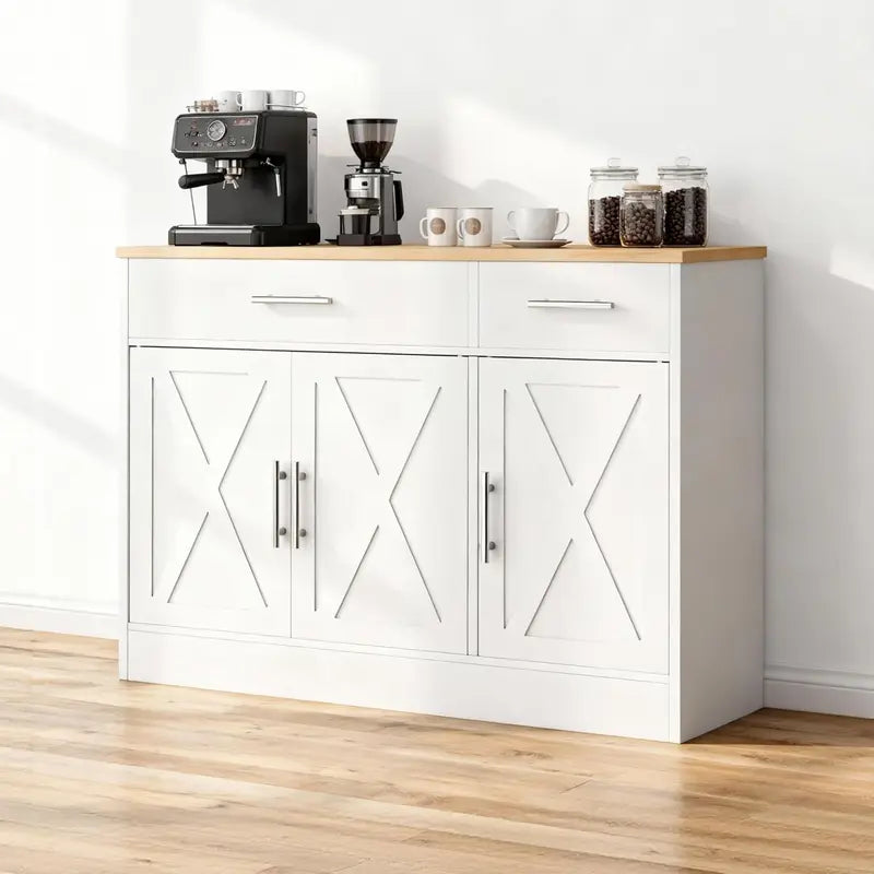 Kitchen Buffet Sideboard Cabinet with 3 Doors & 2 Drawers - White Storage for Living Room