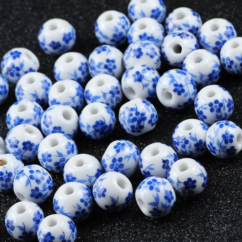 20pcs Vintage Blue and White Orchid Round Ceramic Beads for Jewelry Making