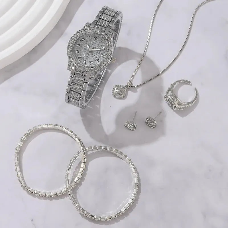 Women’s Elegant Alloy Quartz Wristwatch Set - Crystal Rhinestone Bracelet, Multiple Colors