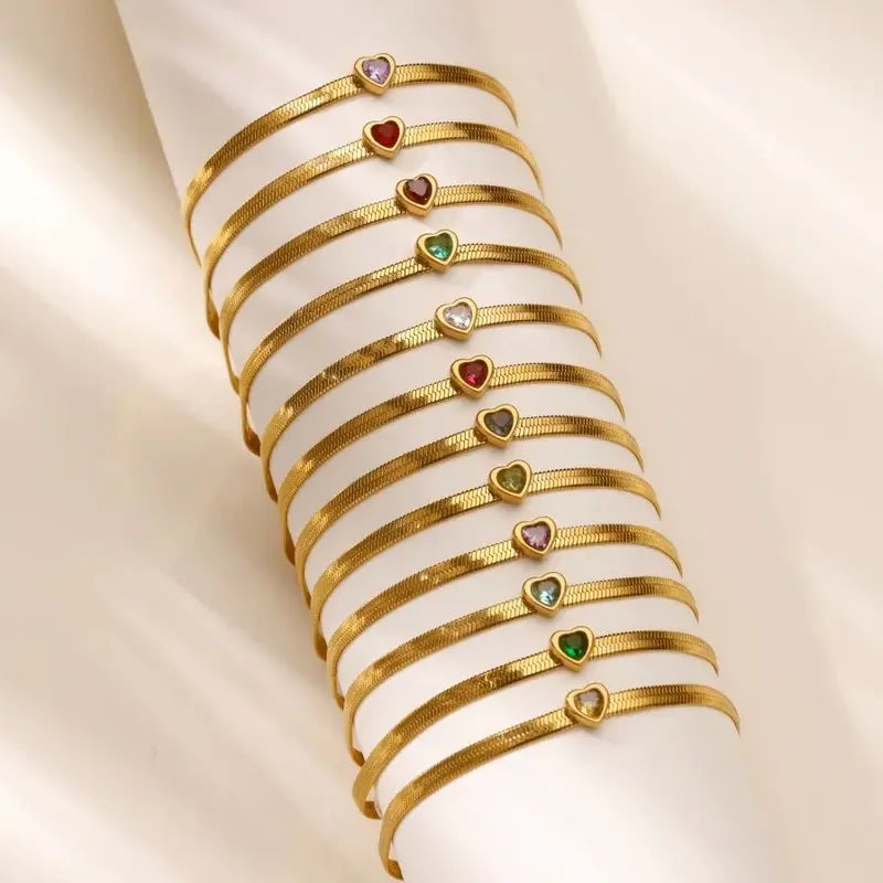 Heart Charm Zircon Birthstone Bracelet for Women Gold Tone Stainless Steel Jewelry Gift