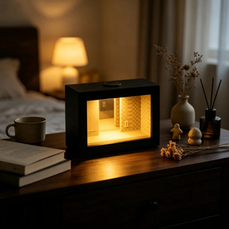 Abyss Mirror Photo Frame with LED Light Wooden Display Box Mini Figures Home Decor