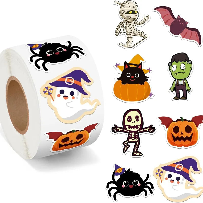 500pcs Halloween Sticker Roll Set - Funny Pumpkin Ghost Skull Spider Bat Labels for DIY Crafts