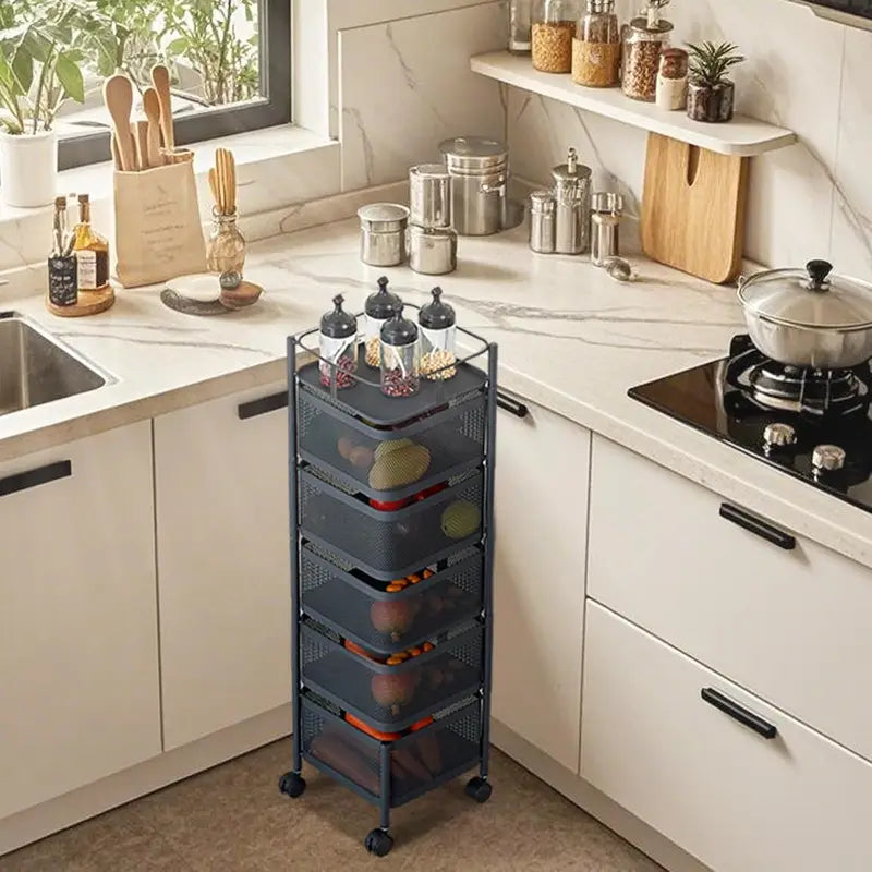 5-Tier Metal Rolling Storage Cart with Mesh Baskets - Mobile Kitchen & Household Organizer