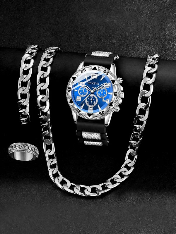 Casual Men's Quartz Watch & Chain Ring Set - Stylish Daily Accessory Combo