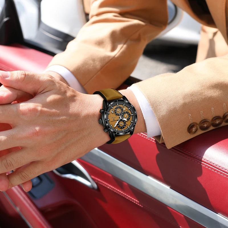 Men's Waterproof Luminous Quartz Chronograph Watch with Leather Strap