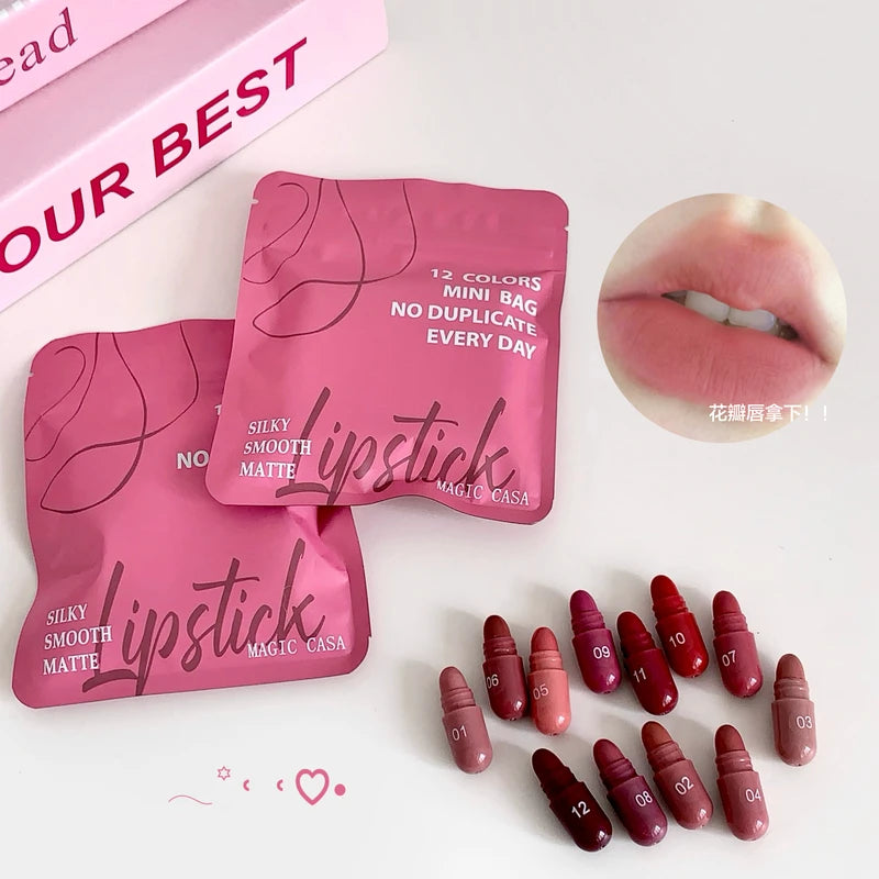 12-Color Matte Lip Balm Set - Long-Lasting Non-Fading Lip Color for Women