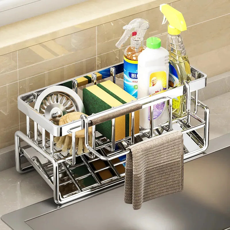 Multi-Functional Stainless Steel Sink Organizer with Sponge Soap Towel Rack