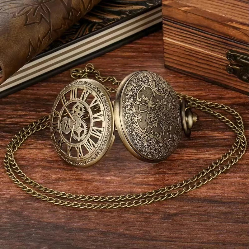 Vintage Steampunk Gear Quartz Pocket Watch with Necklace & World-Time