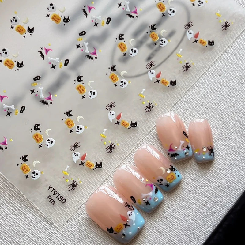 Halloween Nail Charms Stickers - Skull, Cat, Bat, Moon, Starburst, Coffin, Wizard Hat, Bones, Crescent Decor