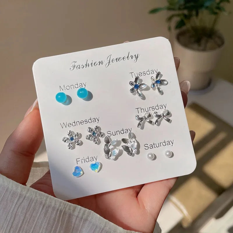 Sea Blue Bean Geometric Ear Stud Set Small Flower Butterfly Jewelry Pack