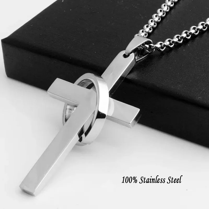 Simple Cross with Circle Pendant Necklace Unisex Stainless Steel Chain Jewelry