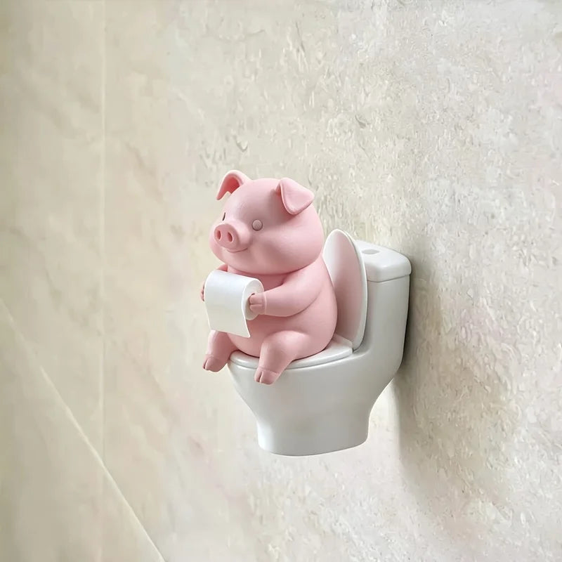 Cute Pig Sitting on Toilet Wall Decor - Bathroom & Home Office Display