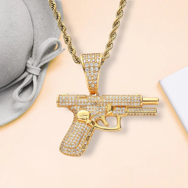Fashion Hip-Hop Crystal Pistol Pendant Necklace for Men Women Gift - Trendy Jewelry