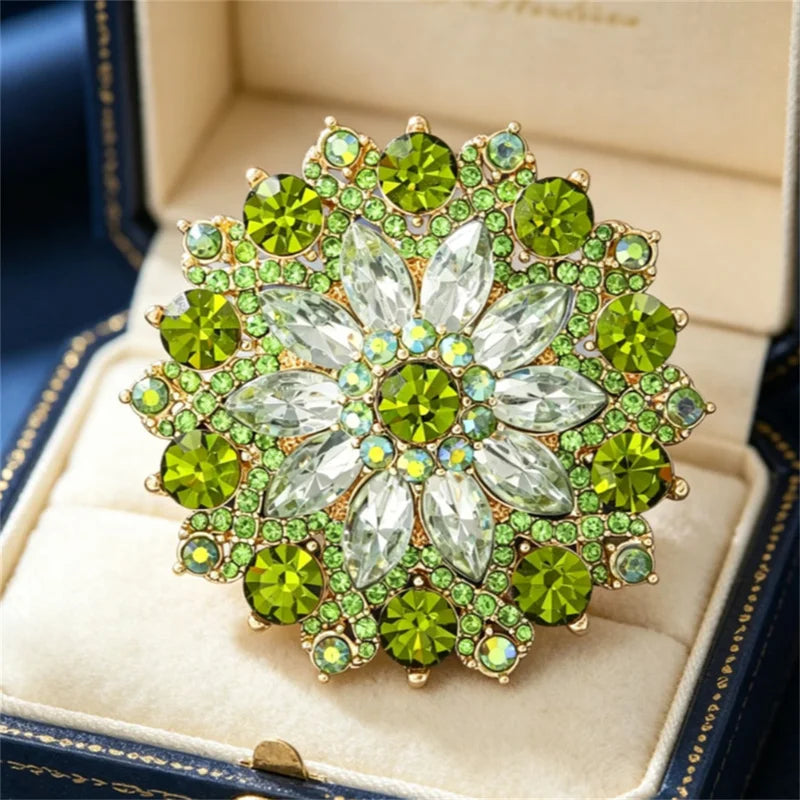 Luxury Green Rhinestone Sunflower Brooch Pin for Women Party Jewelry Accessories