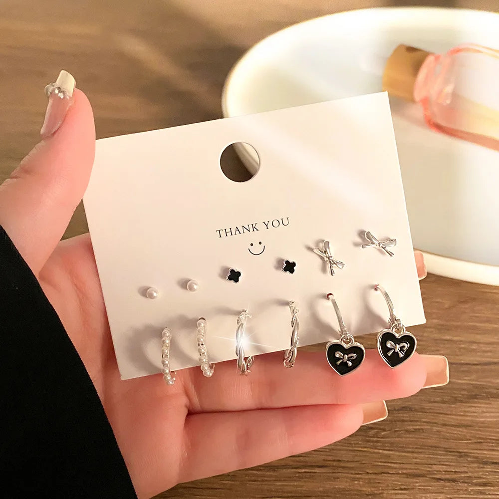 6-Pair Heart-Shaped Butterfly Hoop Earrings Set for Women - Trendy Jewelry