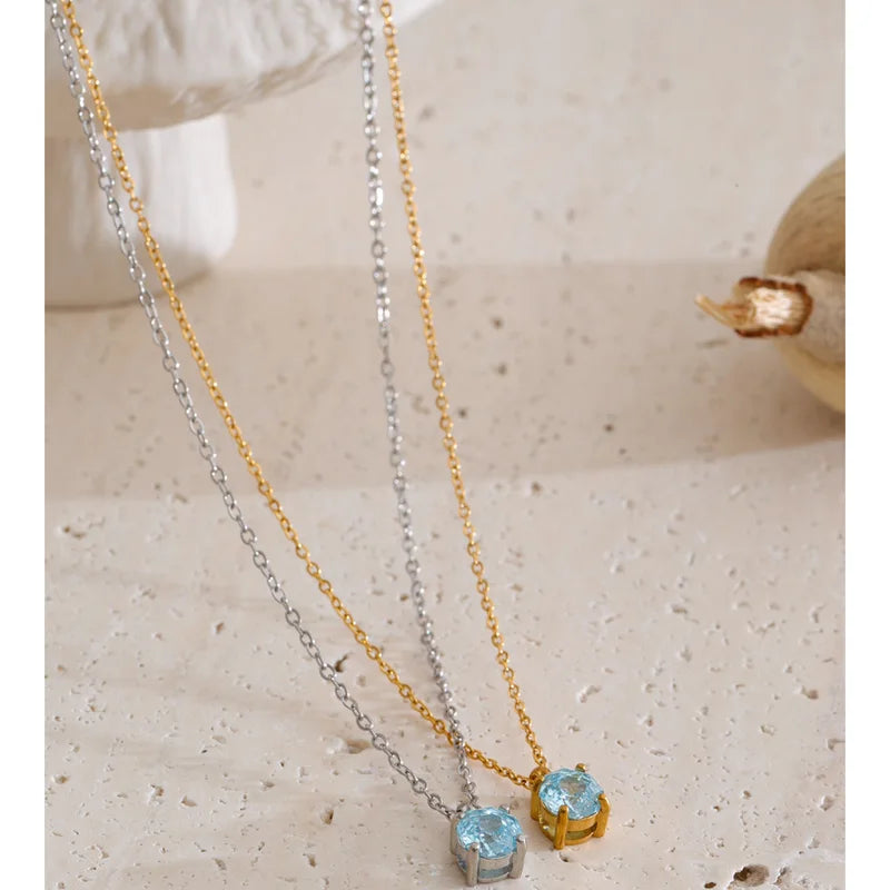 Stainless Steel Rose Flower Shape Drop Necklace with Zirconia - Korean Jewelry