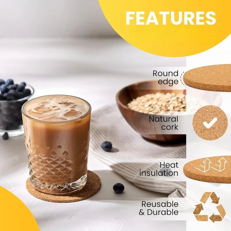 Natural Cork Coasters Set - Round Wooden Drink Holders for Tea Coffee Table Decor