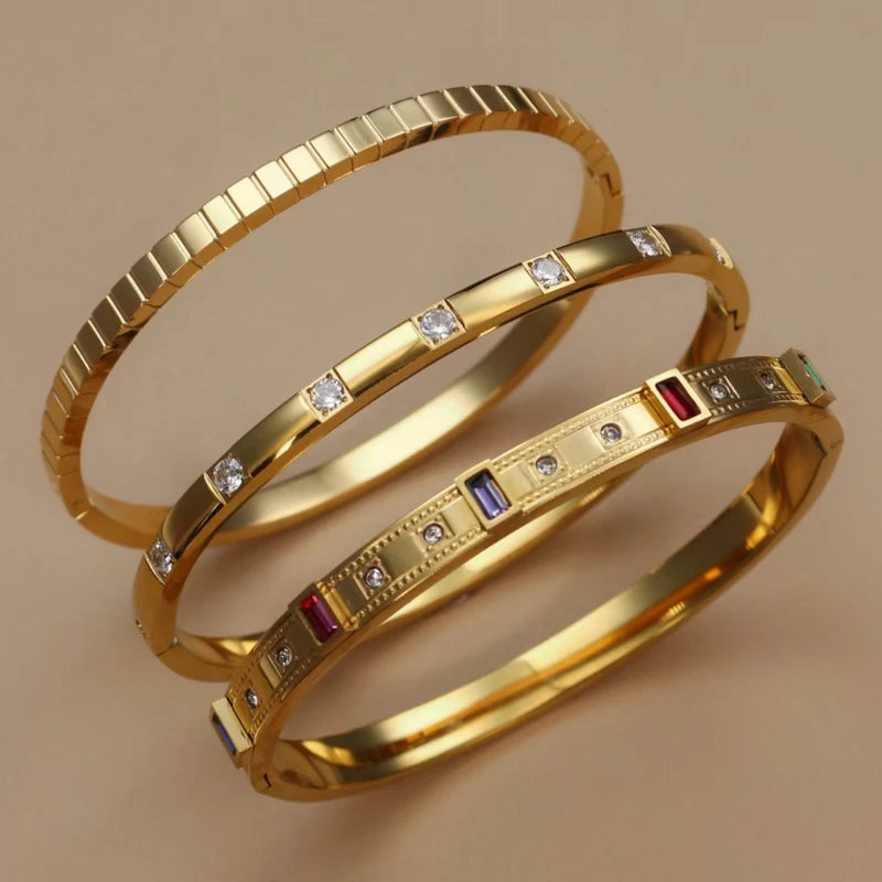Square Coloured Zircon Stainless Steel Stacking Bracelet for Women