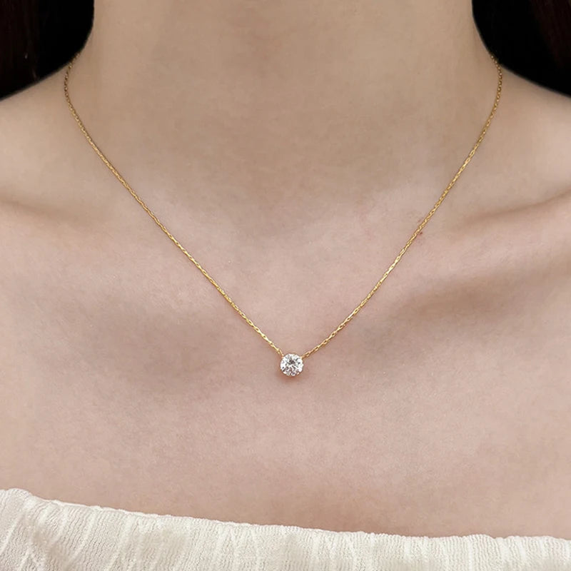 Minimalist Zircon CZ Charm Necklace - Stainless Steel Clavicle Chain Jewelry