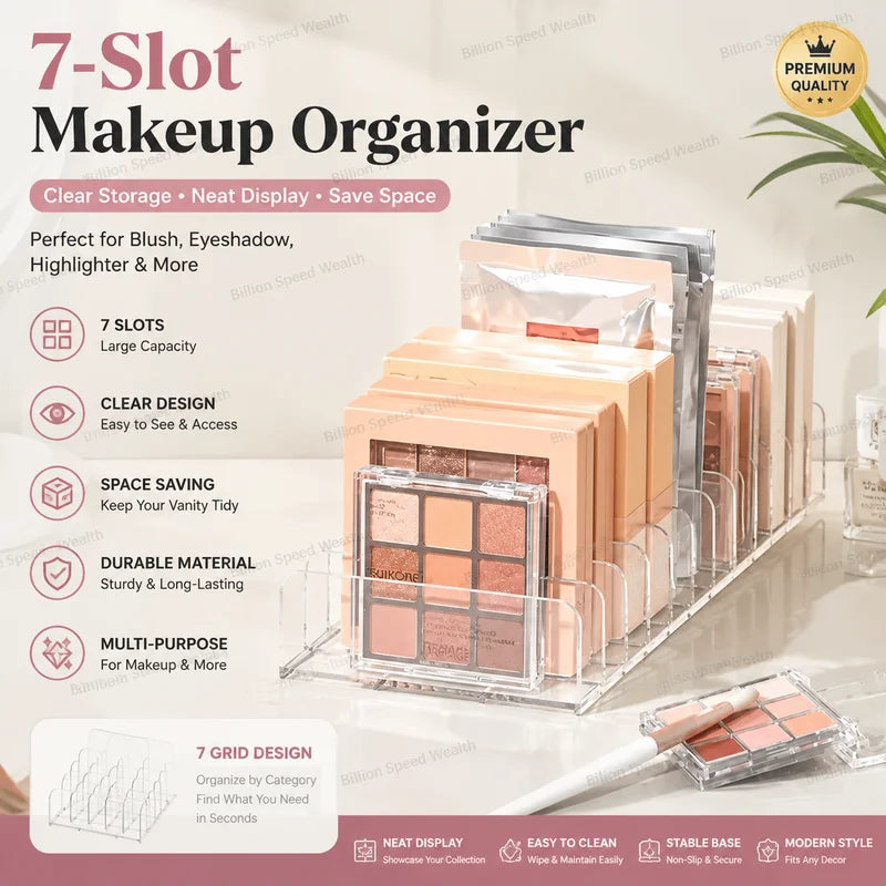 7-Compartment Clear Makeup Organizer Box for Cosmetics Storage Shelf