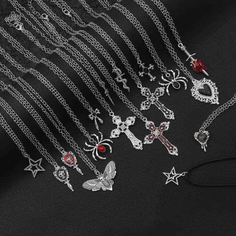 Gothic Cross Spider Skull Pendant Necklace Set for Men Women Streetwear Jewelry