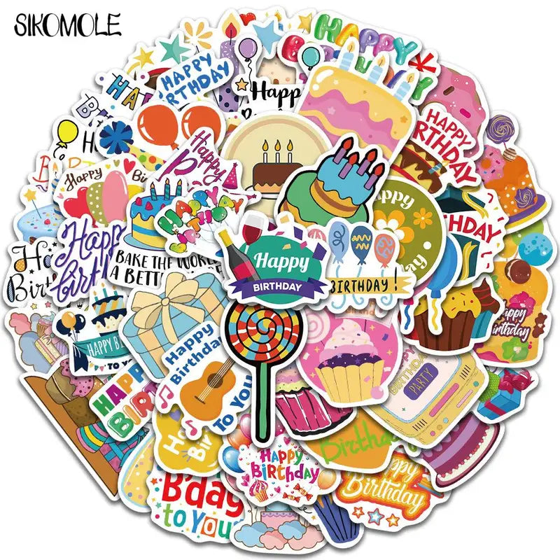 Kids Cartoon Happy Birthday Sticker Set - Graffiti, Kawaii, Toy DIY Decals, Multiple Colors
