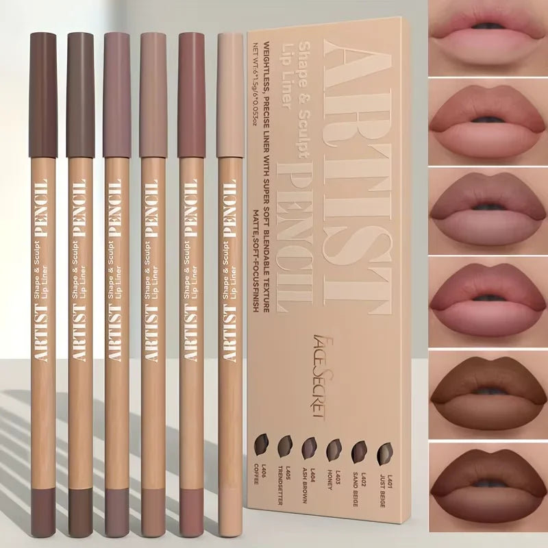 Velvet Matte Lip Liner Set 6 Colors Long-Lasting Non-Drying Lip Pencils