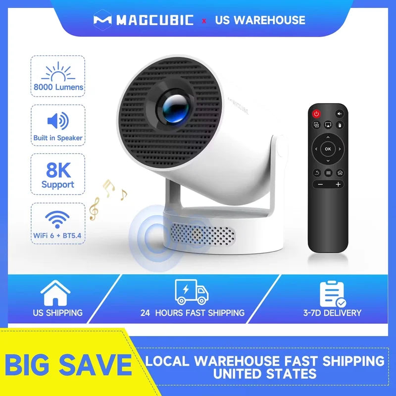 Mini 8K 720P Projector with 8000 Lumens WiFi Bluetooth Android 14 Home Theater