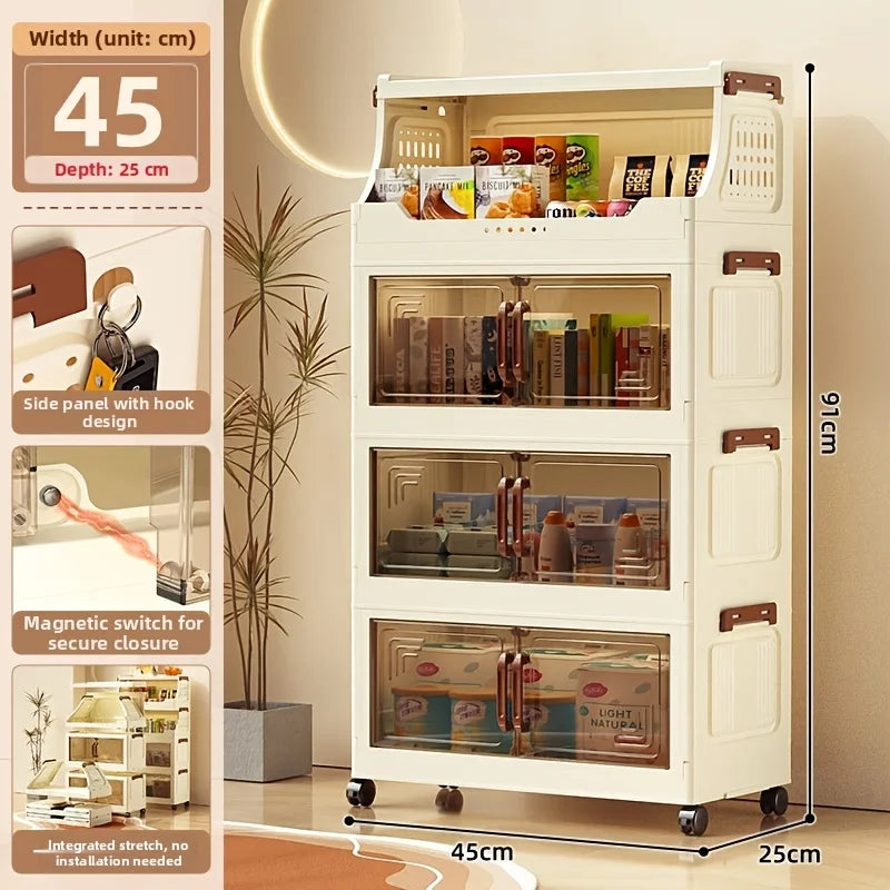 3/4-Tier Rolling Storage Cabinet with Transparent Doors & Flip Top - Kitchen Pantry Organizer