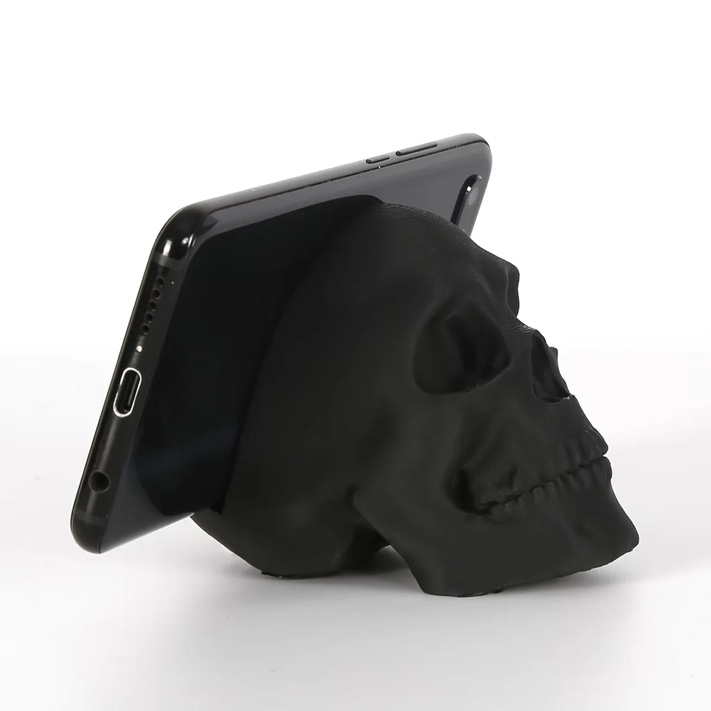 Black Skull Phone Stand Decor - Gothic Style Desktop Ornament, Indoor Outdoor Plastic Accessory