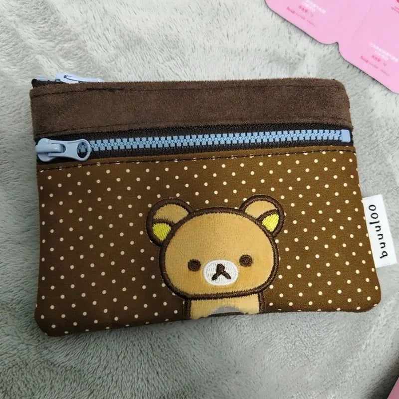 Cute Embroidered Bear Pencil Case with Polka Dots - Storage Bag & Coin Purse