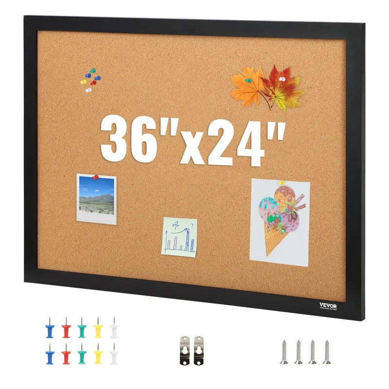 Large Cork Bulletin Board 36x24 Inch with MDF Frame and Pushpins for Office & Home