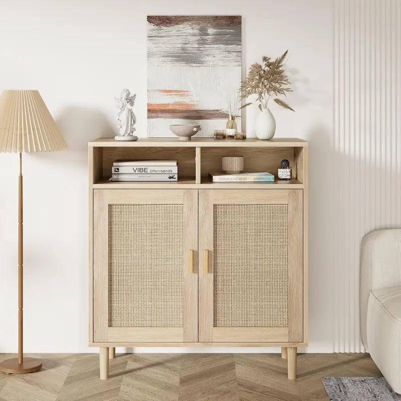 Modern Farmhouse Rattan Buffet Sideboard Cabinet - 63" Kitchen Storage
