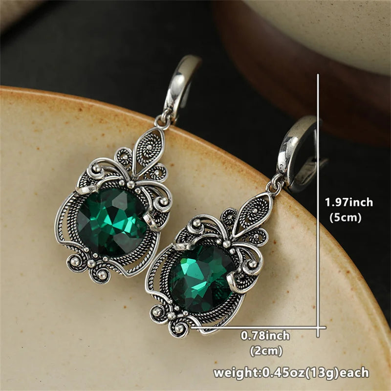 Vintage Green CZ Dangle Earrings for Women Silver Hand Carved Jewelry