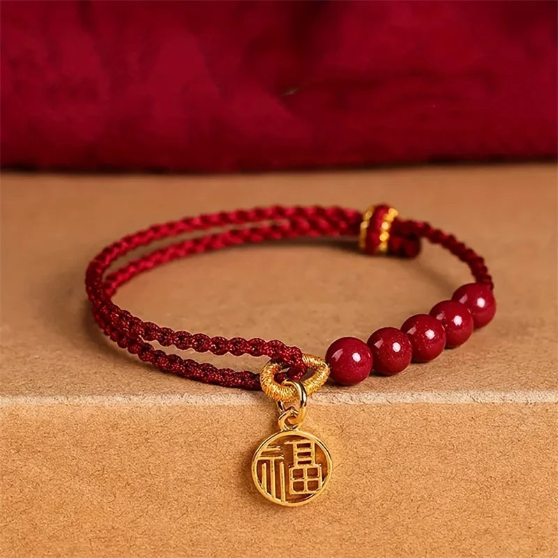 Handwoven Rope Imitation Cinnabar Pendant Bracelet for Women Lucky Red Chinese Knot Jewelry Gift