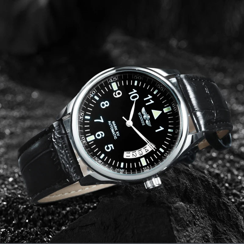 Men's Automatic Mechanical Watch with Leather Strap and Date Function