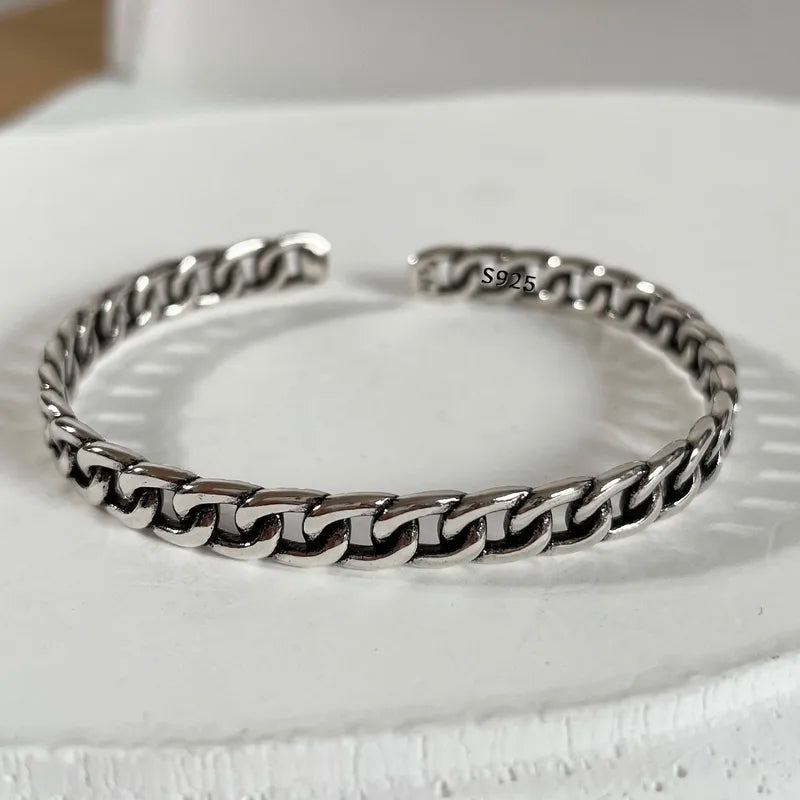 Solid 925 Sterling Silver Heart Chain Bracelet for Women Vintage Handmade Jewelry